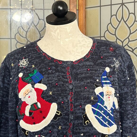 Designers Originals Joy Blue Button Cardigan Santa Embroidery Appliqué Size M - Picture 4 of 14